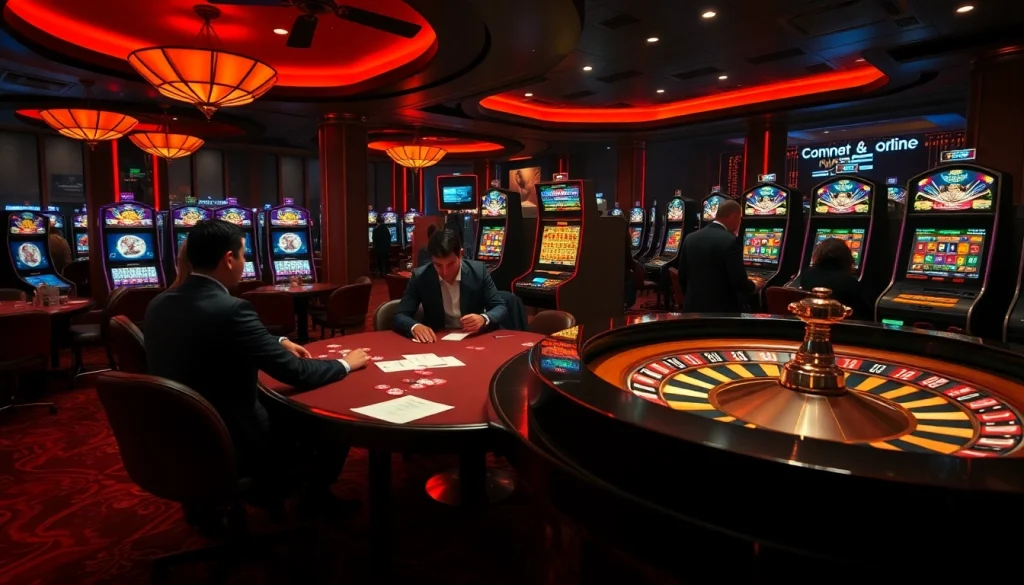 Experience gacor123 thrill as players engage in poker at a luxurious casino, surrounded by vibrant slot machines.